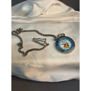 Popeye the Sailor Man Pocket Watch Silver Tone Chain Belt Clip Collectible Ticks